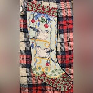 Vintage 1990s Wool Needlepoint Christmas Stocking 2 Turtle Doves & Holly NEW